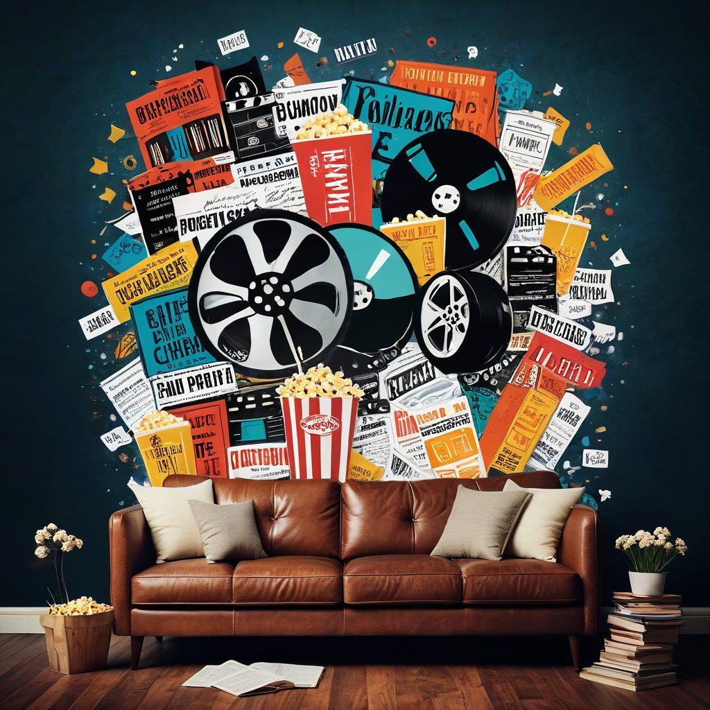 A visually striking collage featuring a vintage film reel alongside modern streaming icons, blending classic films with independent cinema. Add a film critic's notebook with handwritten notes, surrounded by popcorn and a cozy couch. The background should be dynamic with colorful film posters representing various genres, creating a sense of diversity. vibrant colors. collage style.