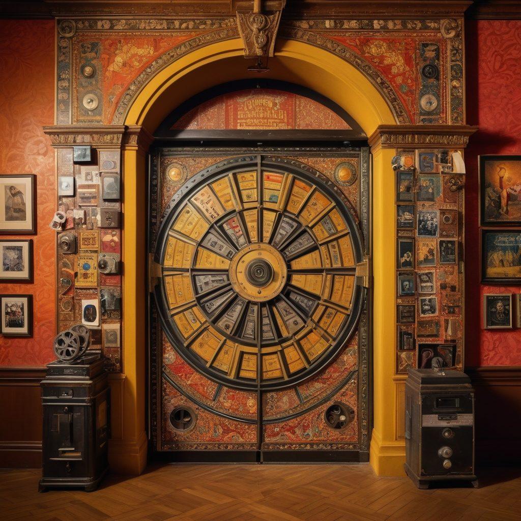 An ornate, ancient vault door slightly ajar, revealing vibrant film reels and memorabilia spilling out, bathed in warm golden light. Surrounding the vault are iconic symbols of film history such as a vintage camera, clapperboard, and famous film posters, all integrated into a rich tapestry design. The backdrop features a collage of historic film scenes, blending eras seamlessly. cinematic atmosphere. super-realistic. vibrant colors.