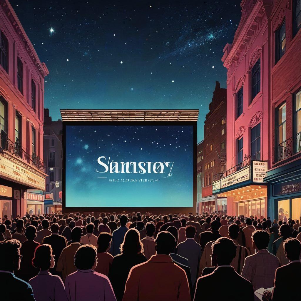 A cinematic scene blending a bustling cityscape with elements of classic and modern cinema, featuring iconic film reels, director's clapperboard, and an artistic painting style. Silhouettes of diverse moviegoers immersed in a vibrant outdoor screening under the stars, showcasing the connection between film and social gatherings. Soft, dreamy colors with a touch of surrealism to evoke emotion. vibrant colors. painting.